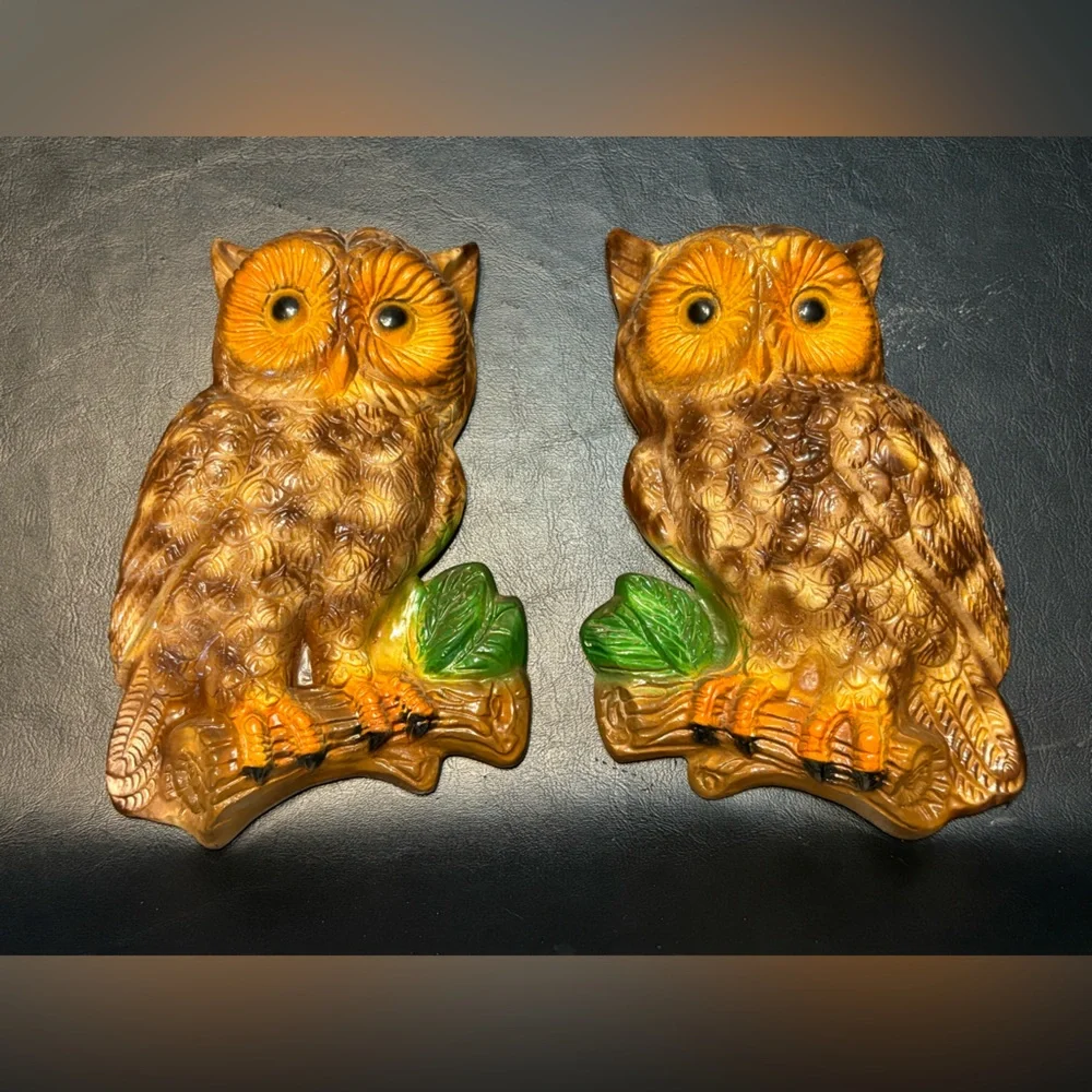 Set of Vintage 1970’s Chalk Owl Wall Hangings - Brown & Orange with Green Leaves